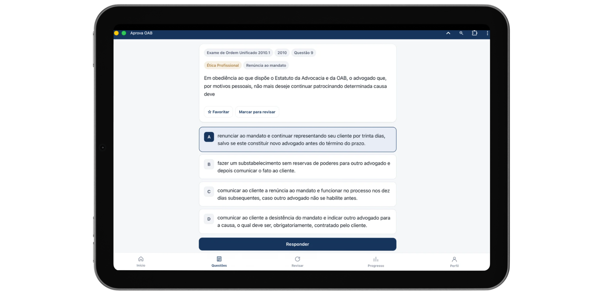Tela de questão da plataforma no tablet