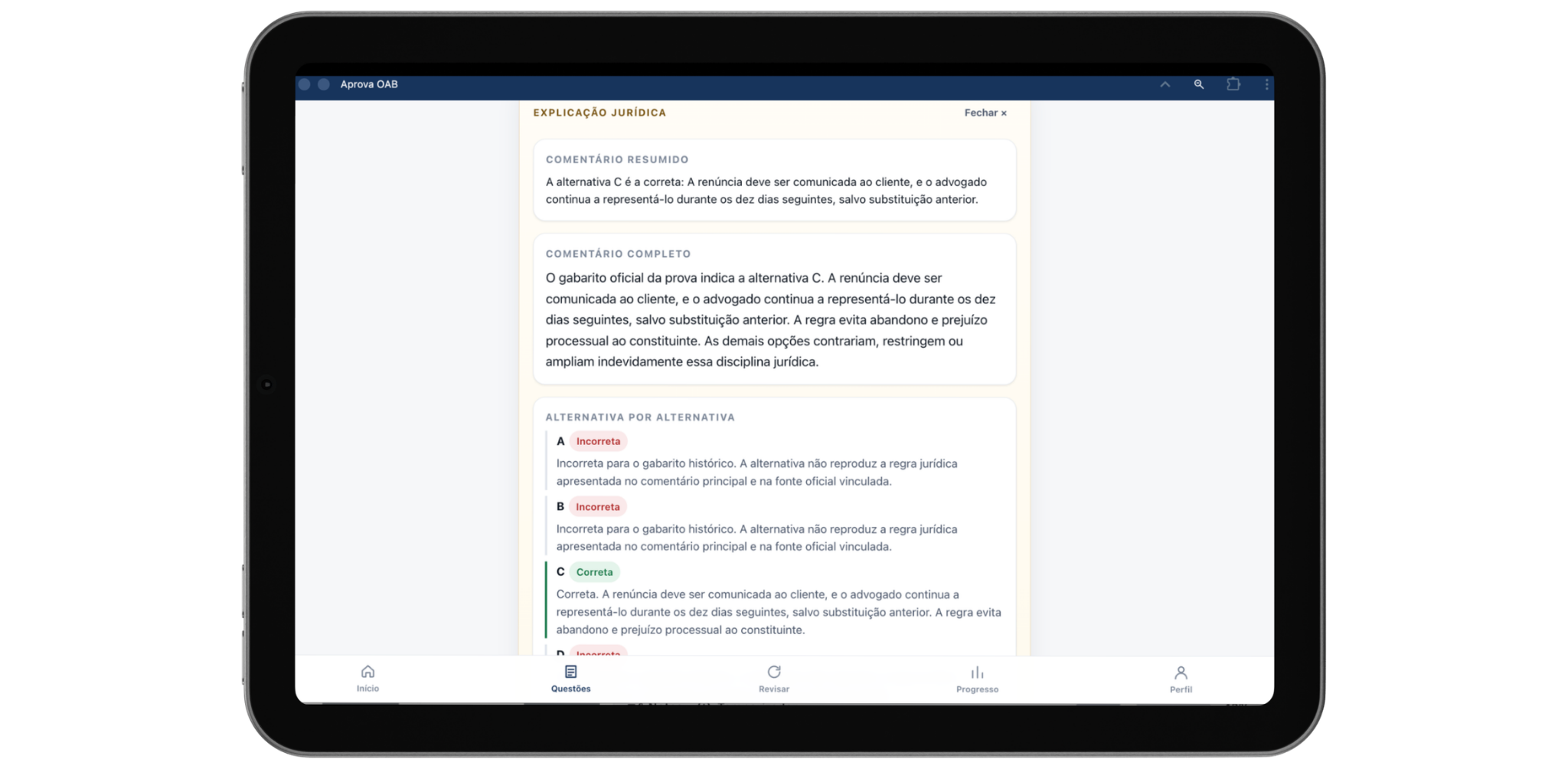 Tela de explicação jurídica da plataforma no tablet
