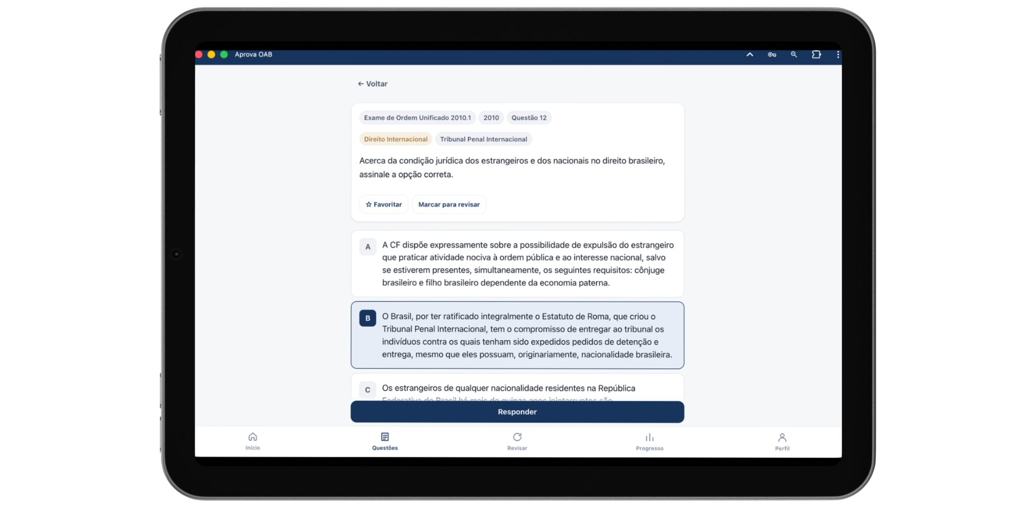 Outra tela de questão da plataforma no tablet